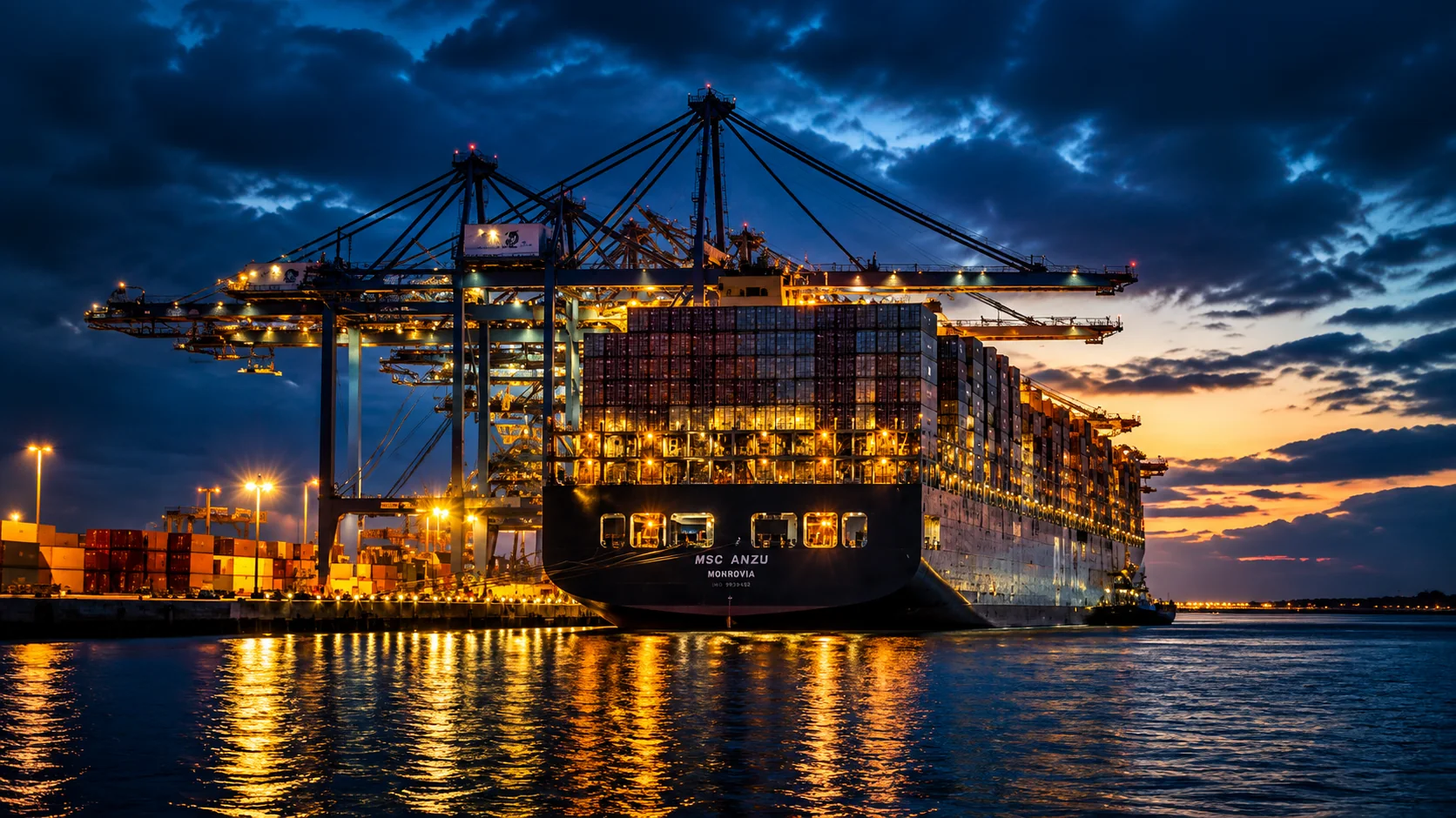 Container ship moored beneath illuminated ship-to-shore cranes at a container terminal at dusk
