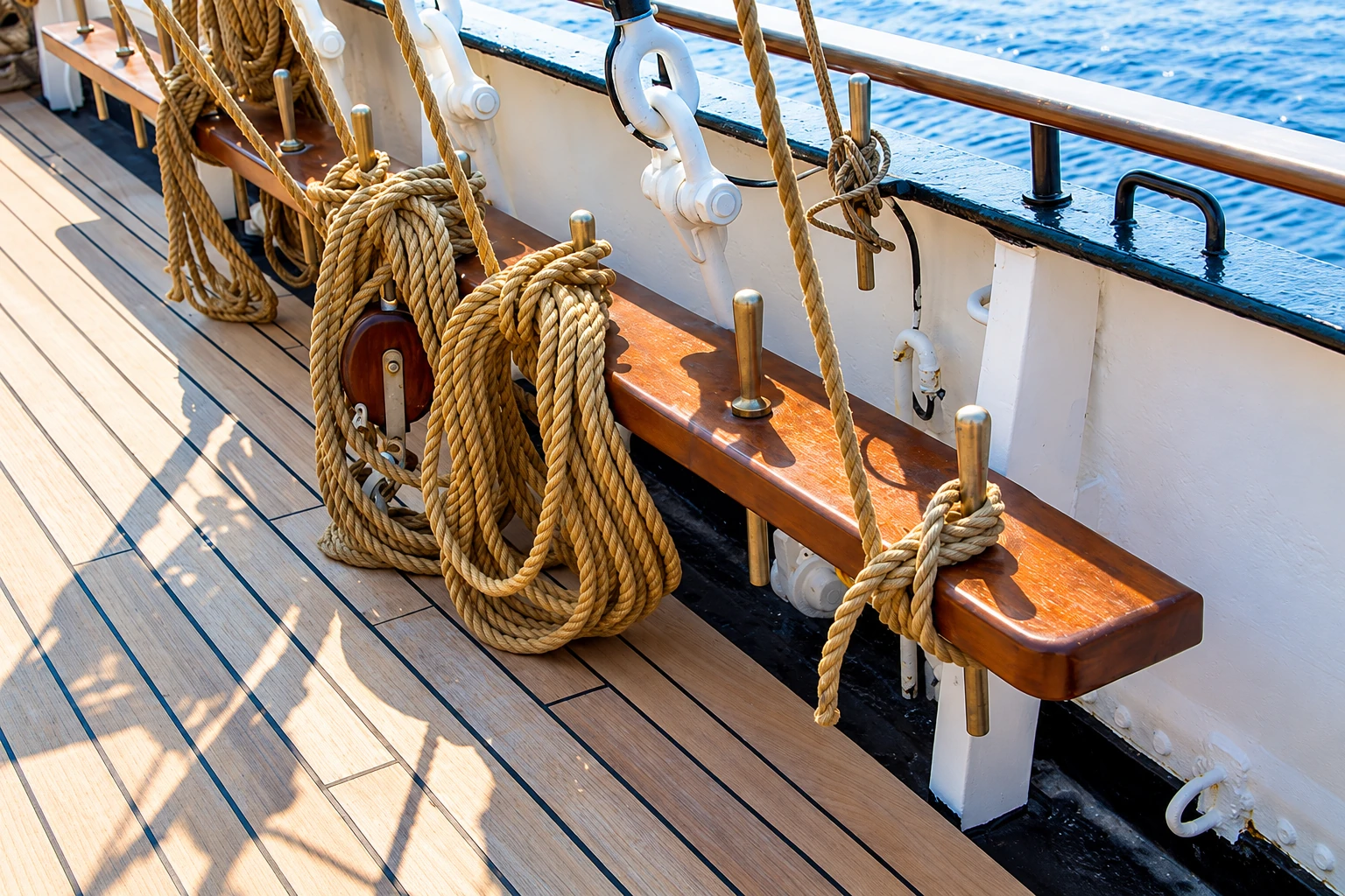 Coiled mooring ropes on a belaying-pin rail along a ship's teak deck