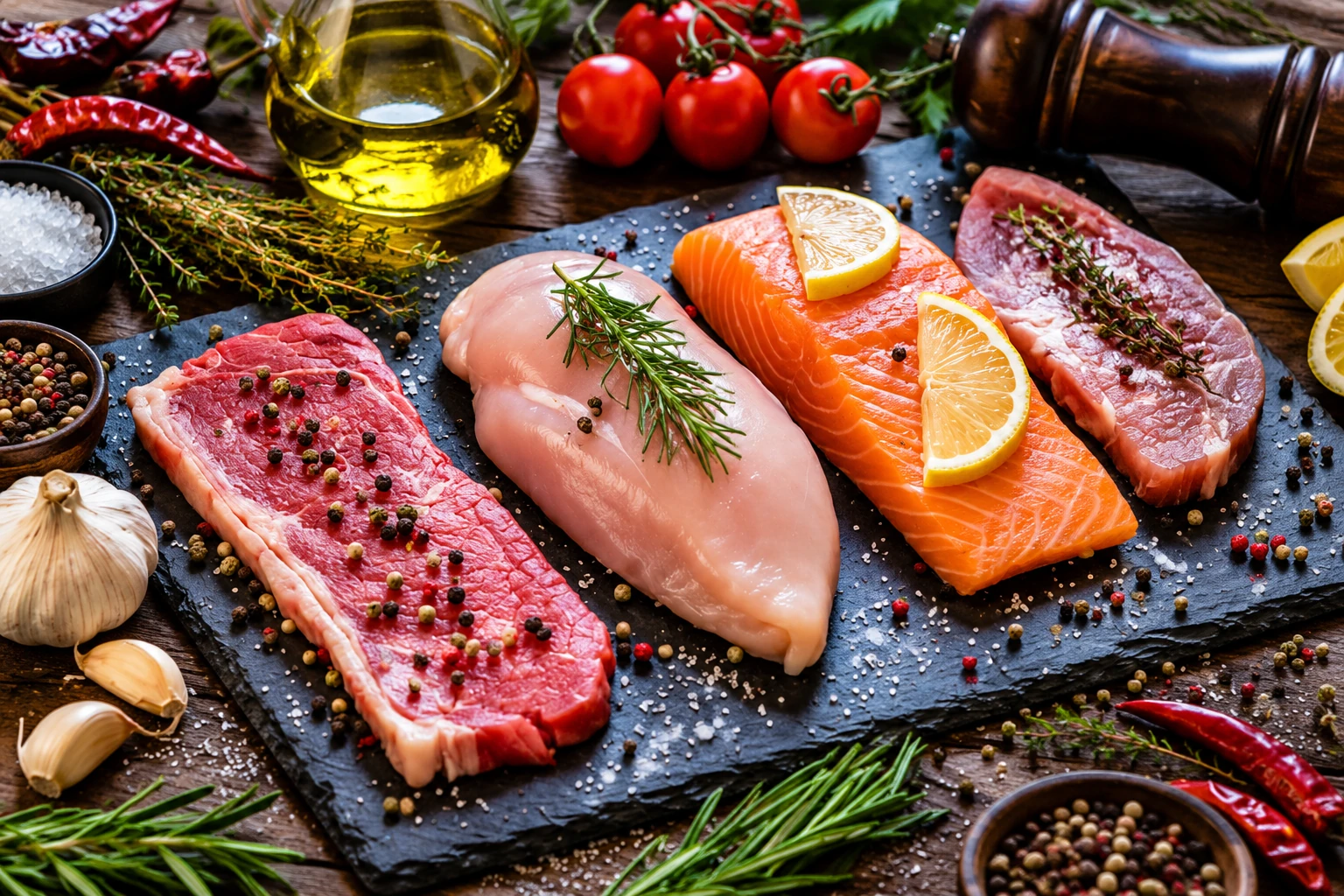 Fresh meat, poultry and salmon fillets on a slate board with herbs, spices and vegetables